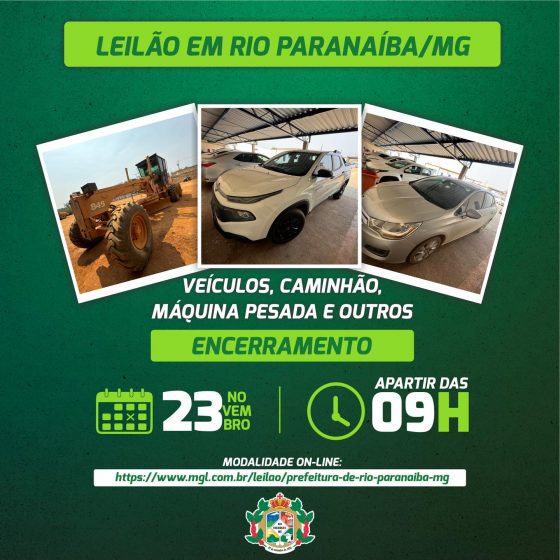 Prefeitura de Rio Paranaíba realizará leilão de automóveis e equipamentos